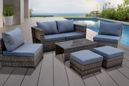 6-Seater PE Rattan Garden Sofa Set with Glass Table, Cushions, Stools
