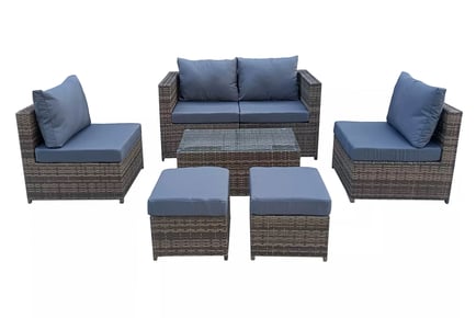 6-Seater PE Rattan Garden Sofa Set with Glass Table, Cushions, Stools