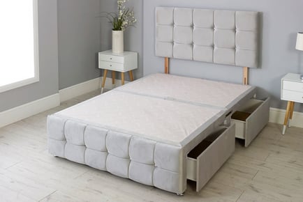 Light Grey Plush Divan Bed Base & Cube Headboard with Storage