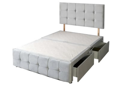 Light Grey Plush Divan Bed Base & Cube Headboard with Storage