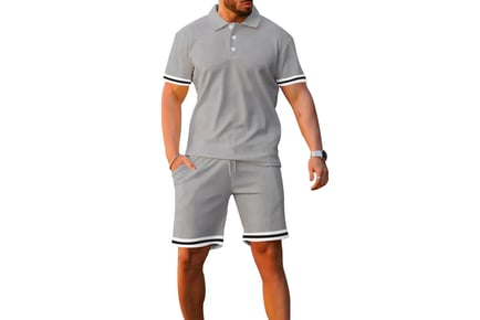 Men's 2 Piece Striped Polo Shirt and Drawstring Shorts Set