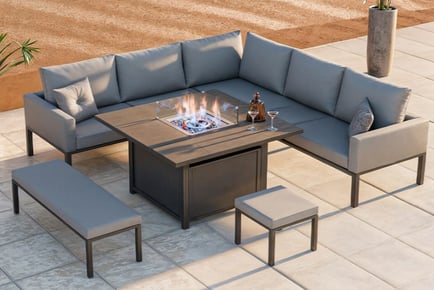 9-Seater Berlin Aluminium Garden Corner Cubed Sofa Set with Fire Pit Table - Limited Offer!