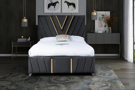 Plush Velvet Grey Bed Frame with Gold Trim - 5 Sizes