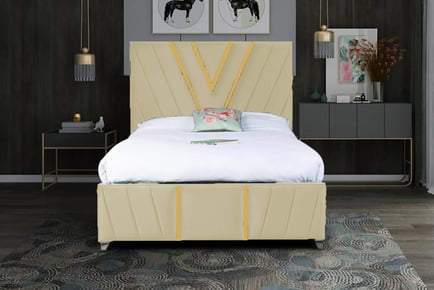 Plush Velvet Cream Colour Bed Frame w/ Gold Trim in 5 Sizes