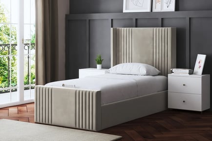 Beige Panel Bed Frame w/ Headboard & Optional Gas Lift - 6 Sizes