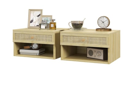 Set of Two Rattan Panel Floating Bedside Tables