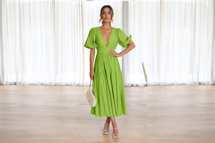 Women's V-Neck Puff Sleeve Tiered Dress in 4 Sizes and 9 Colours