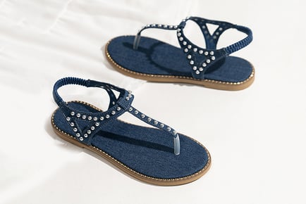 Women's Navy Blue Denim Look Studded Flat Sandals - 8 Sizes