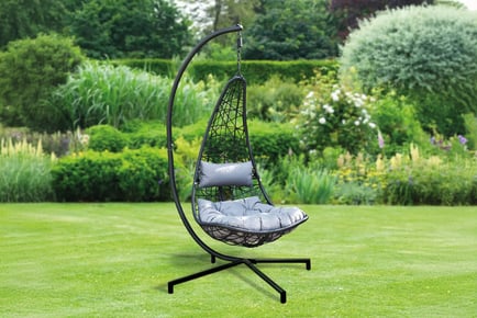 Black Outdoor Garden Hanging Egg Chair With Grey Cushion!