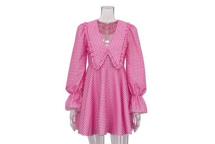 Pink Plaid Butterfly Neck Dress - 3 Sizes!