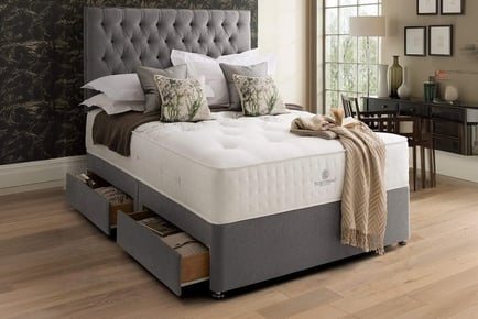 Grey Suede Divan Bed Set With Mattress & Headboard