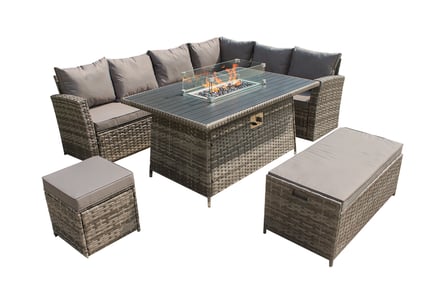 9-Seater Rattan Corner Sofa Garden Set - Aluminium Fire Pit Table and Storage Box