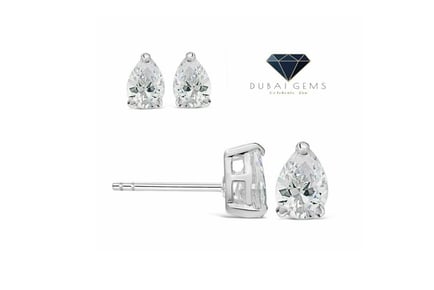 White Gold Finish Pear Cut Diamond Stud Earrings - With a Gift Box!