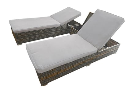 Set of Two Adjustable Rattan Sun Loungers with Coffee Table and Storage