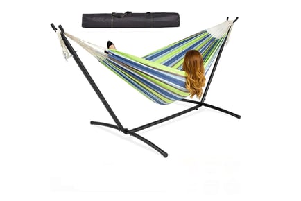 Single Cotton Hammock Garden Swing with Metal Stand Frame