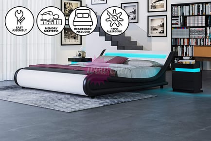 LED Leather Bed Frame with Mattress - 3 Size & 4 Colour Options