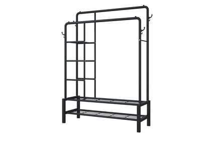 120kg Capacity 4-in-1 Heavy-Duty Metal Clothes Rack With Side Shelves + Shoe Rack - White or Black!