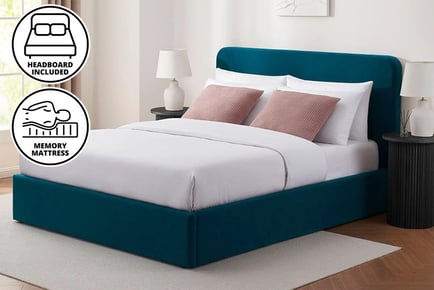 Teal Velvet Ascot Ottoman Bed with Optional Mattress - 6 Sizes