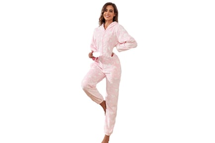 Women's Furry Sleepwear Romper with Ears on Hoodie - 4 Sizes & 4 Colours