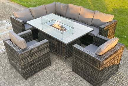 8 Seater Rattan Garden Furniture Set With Fire Pit Table - Left or Right Corner