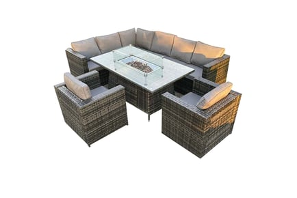 8 Seater Rattan Garden Furniture Set With Fire Pit Table - Left or Right Corner