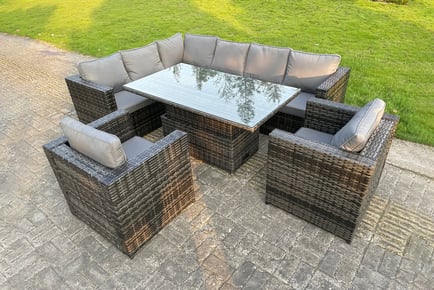 8-Seater Rattan Furniture Set with 2-in-1 Dining & Coffee Table