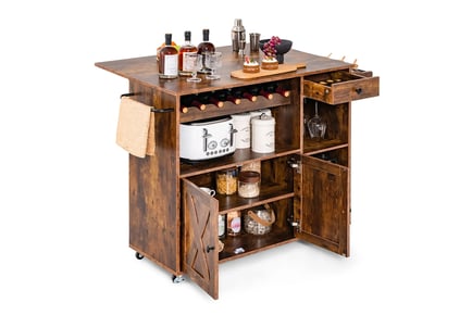 Kitchen Serving Cart with Foldable Drop Leaf Counter - Rustic Brown