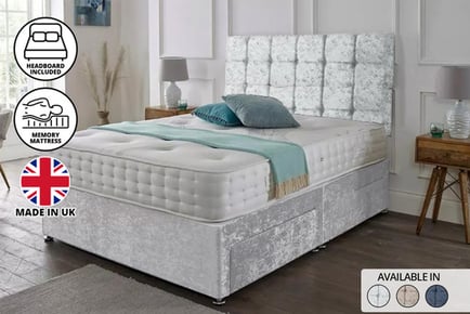 Crushed Velvet Divan Bed & Memory Sprung Mattress - Silver, Blue & Ivory!