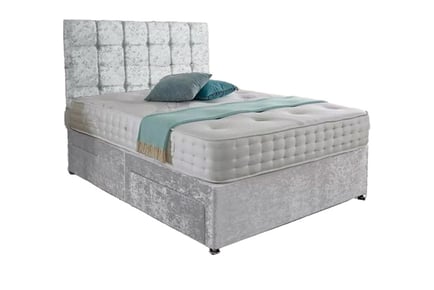 Crushed Velvet Divan Bed & Memory Sprung Mattress - Silver, Blue & Ivory!