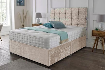 Crushed Velvet Divan Bed & Memory Sprung Mattress - Silver, Blue & Ivory!