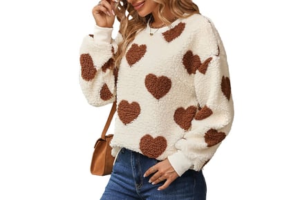 Women's Warm Fleece Heart Print Pullover - 5 Sizes, 3 Colours