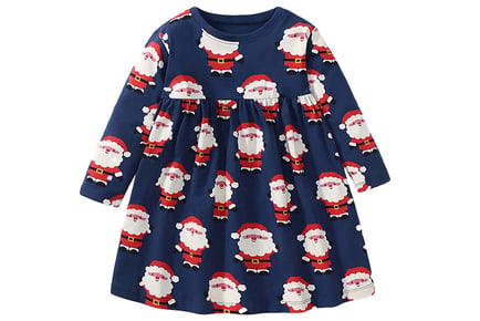 Girl's Santa Print Long Sleeves Christmas Dress - 6 Sizes