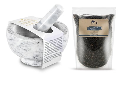 Marble Pestle & Mortar Set with Optional 500gm Black Peppercorn Pouch