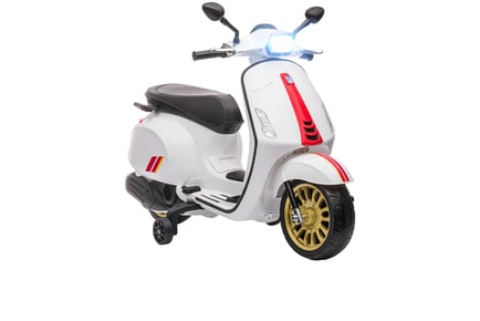 12V Vespa Licensed Kids Electric Motorbike w/ Music, Headlights, FM Radio for 3-6 Years - White!