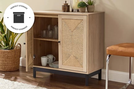 Rustic Wooden Cabinet with Woven Doors - Natural Colour