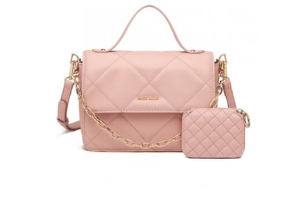 Miss Lulu Pink Diamond Quilted Leather Chain Shoulder Bag