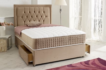 Luxury Plush Velvet Divan Bed with Headboard, Drawers, & Mattress - 5 Sizes, 4 Colours