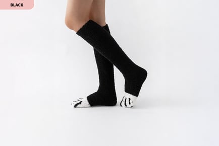 Fuzzy Knee High Socks with Cartoon Paw Print - 6 Colours