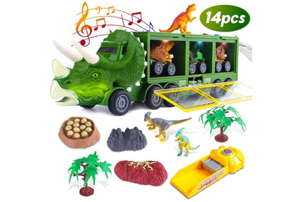 14pc Dinosaur Truck Toy Set - Green, Blue or Brown