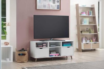 White TV Stand, 2 Drawers, 4 Shelves