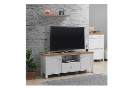 White TV Cabinet with Oak Top Finish