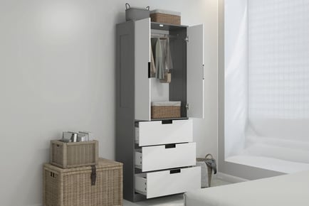 Two-Door Wardrobe with 3 Drawers & Hanging Rod