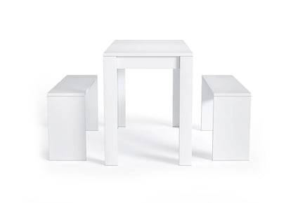 2 Benches & Dining Table Nesting Style Set - White