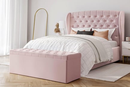 Upholstered Eva Plush Winged Bed Frame with Mattress & Optional Ottoman Storage Box - Multiple Options, Pink