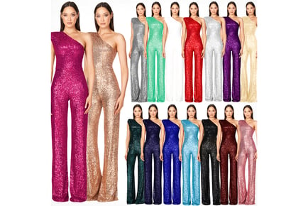 One-Shoulder Sleeveless Sequin Jumpsuit - 6 Sizes & 16 Colours