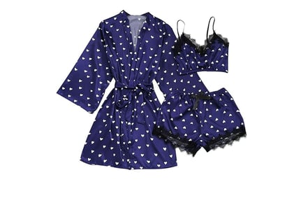 Women's 3-Piece Ice Silk Hearts Print Pyjama Set - 6 Sizes & 3 Colours