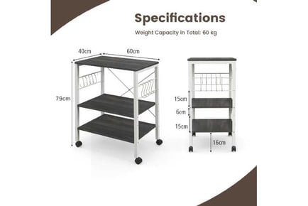 3-Tier Utility Cart Storage Trolley with 10 Removable Hooks