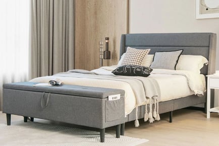 Upholstered King Size Bed Frame with Ottoman Bench & Headboard - Grey