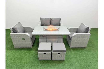 6 Person Garden Firepit Dining Table Set Recling Chair