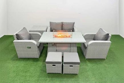 6 Person Garden Firepit Dining Table Set Recling Chair